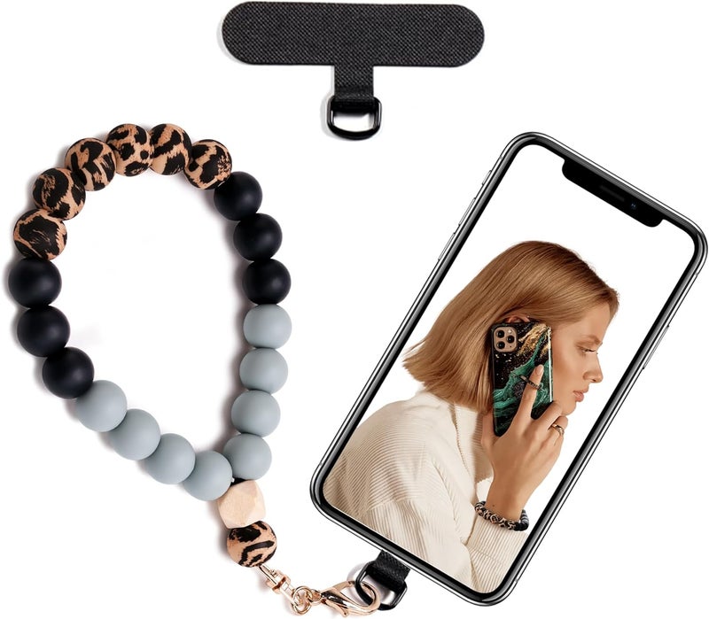 Lostars Store Silicone Beaded Phone Wrist Strap,phone bracelet strap with Tether Tab,Elastic Hands-Free wristlet strap (Leopard) - Image 1